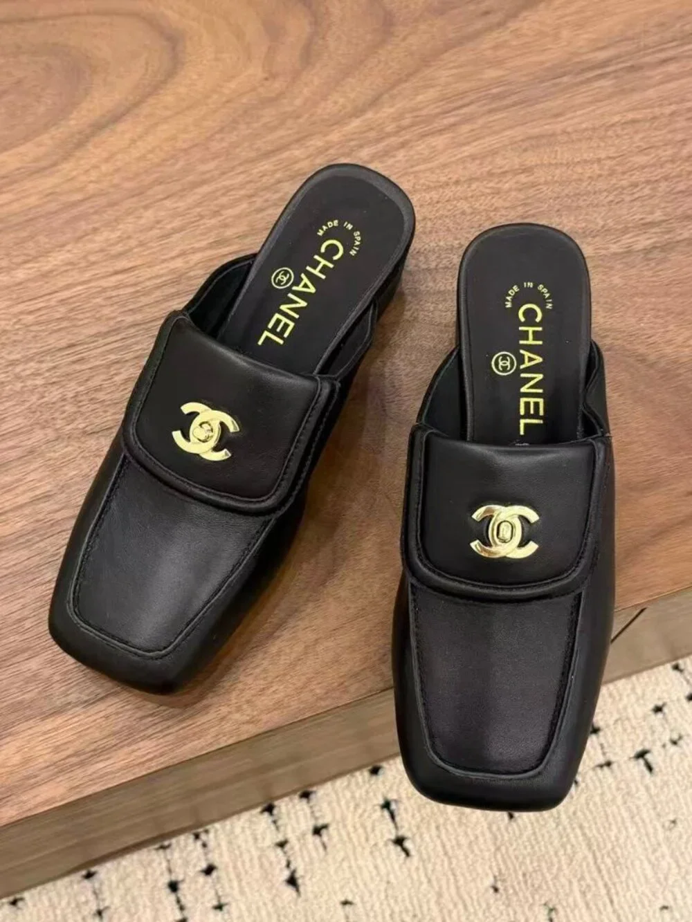 Chanel Black Leather CC Turn‑Lock Square Toe Mule Loafers